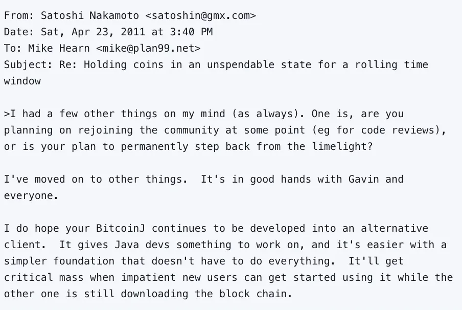 Satoshi Nakamoto Nachricht an Mike Hearn